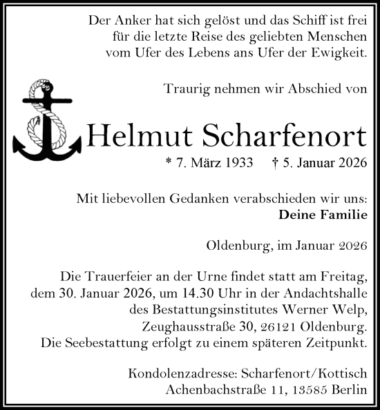 Traueranzeige von Helmut Scharfenort von Nordwest-Zeitung