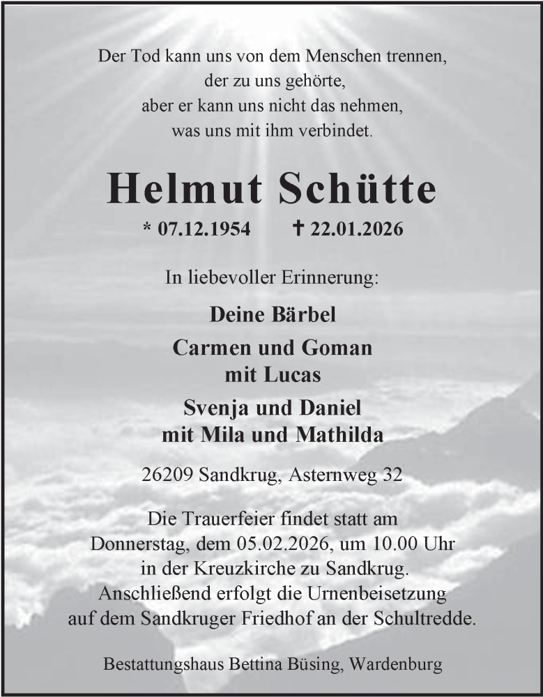  Traueranzeige für Helmut Schütte vom 31.01.2026 aus Nordwest-Zeitung