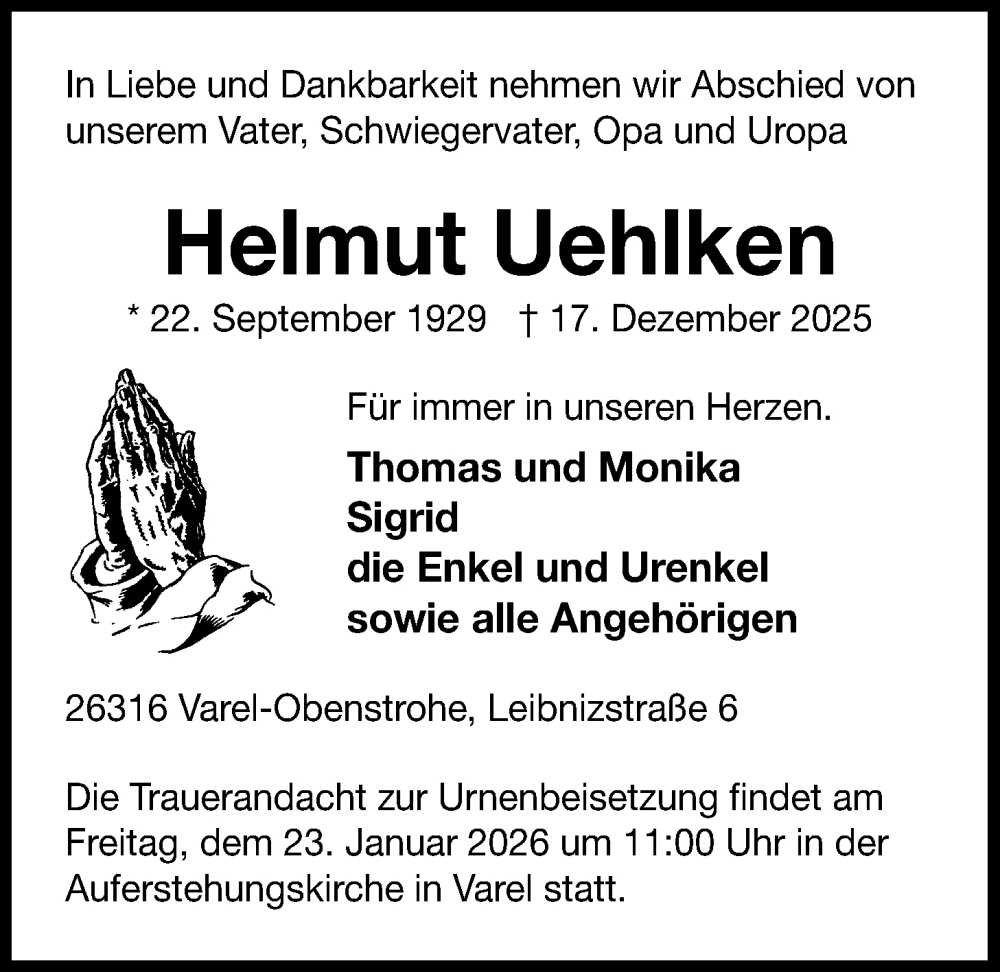  Traueranzeige für Helmut Uehlken vom 17.01.2026 aus Nordwest-Zeitung