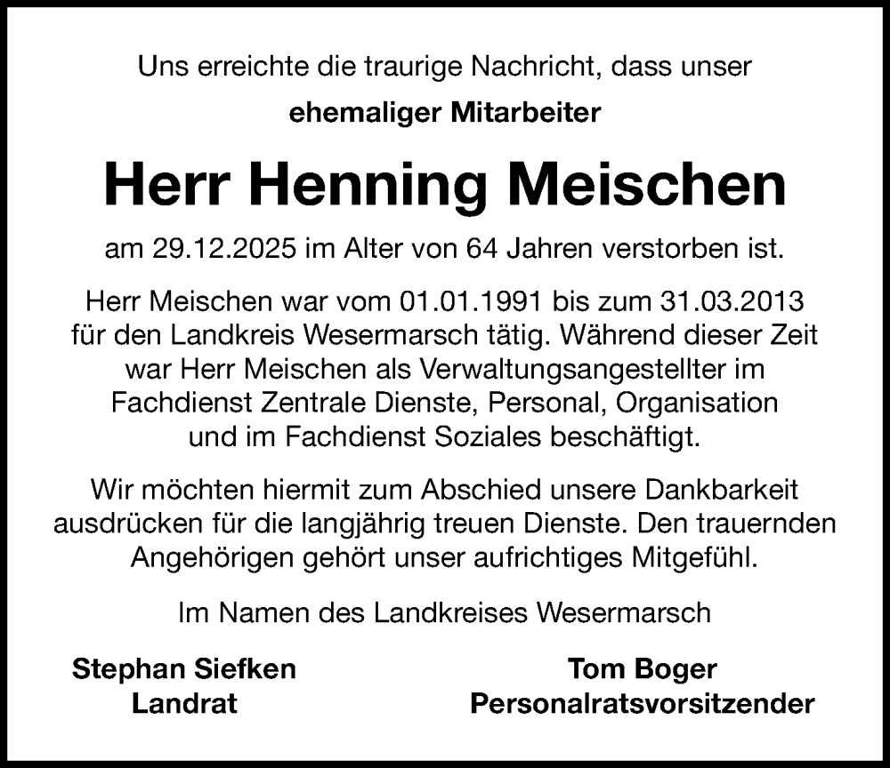  Traueranzeige für Henning Meischen vom 07.01.2026 aus Nordwest-Zeitung