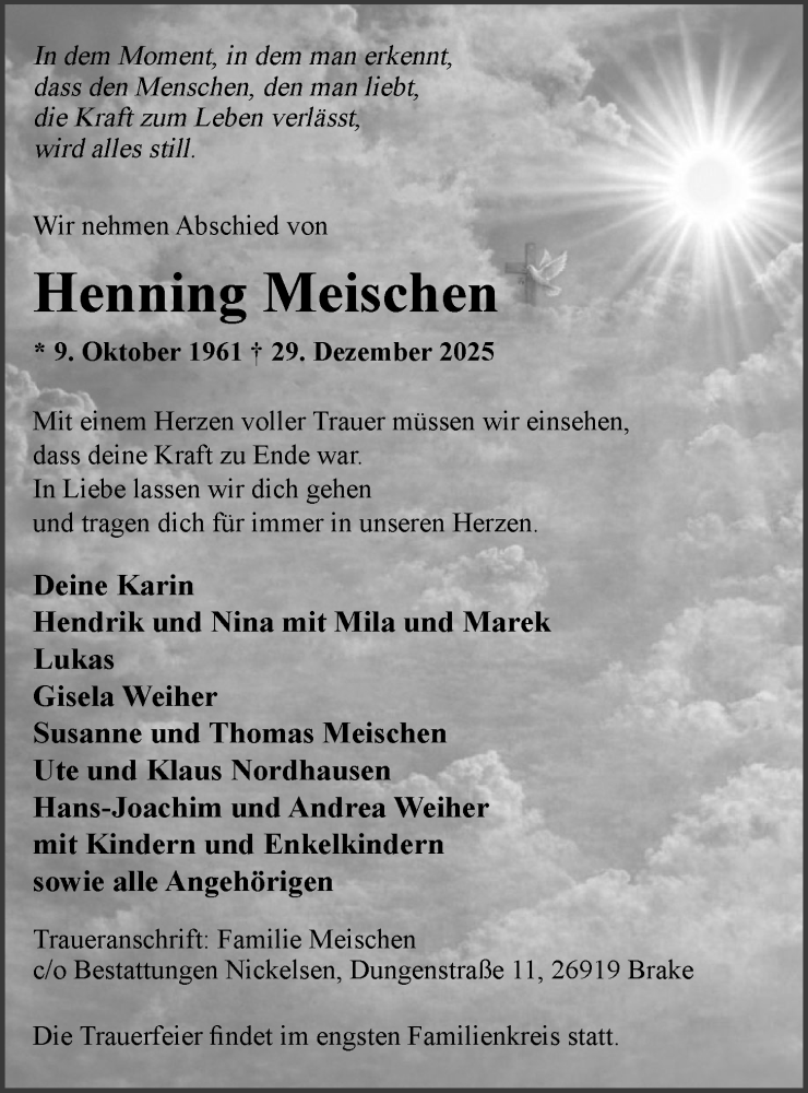  Traueranzeige für Henning Meischen vom 03.01.2026 aus Nordwest-Zeitung