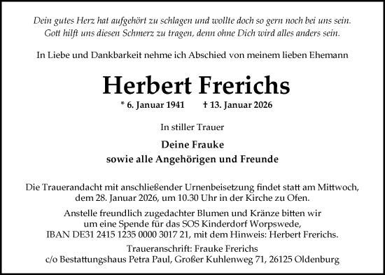 Traueranzeige von Herbert Frerichs von Nordwest-Zeitung