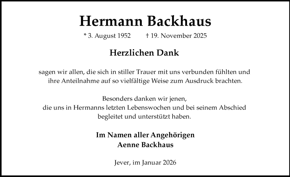  Traueranzeige für Hermann Backhaus vom 31.01.2026 aus WZ/JW/AH