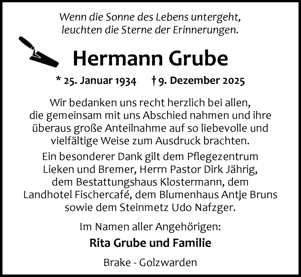  Traueranzeige für Hermann Grube vom 10.01.2026 aus Nordwest-Zeitung