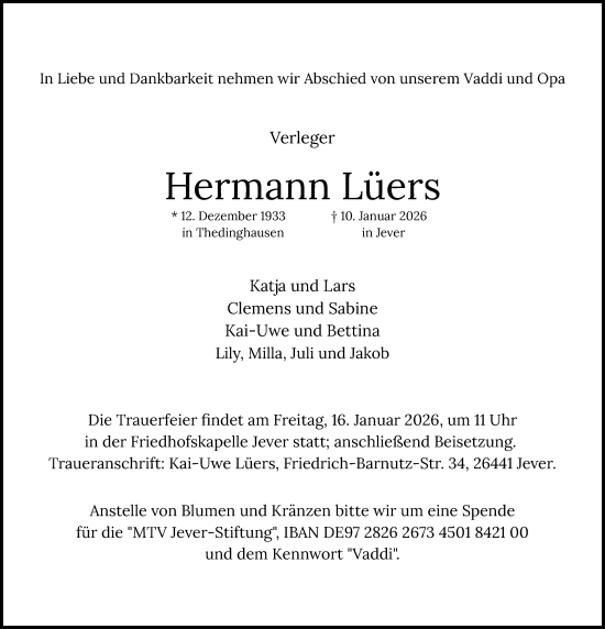 Traueranzeige von Hermann Lüers von WZ/JW/AH