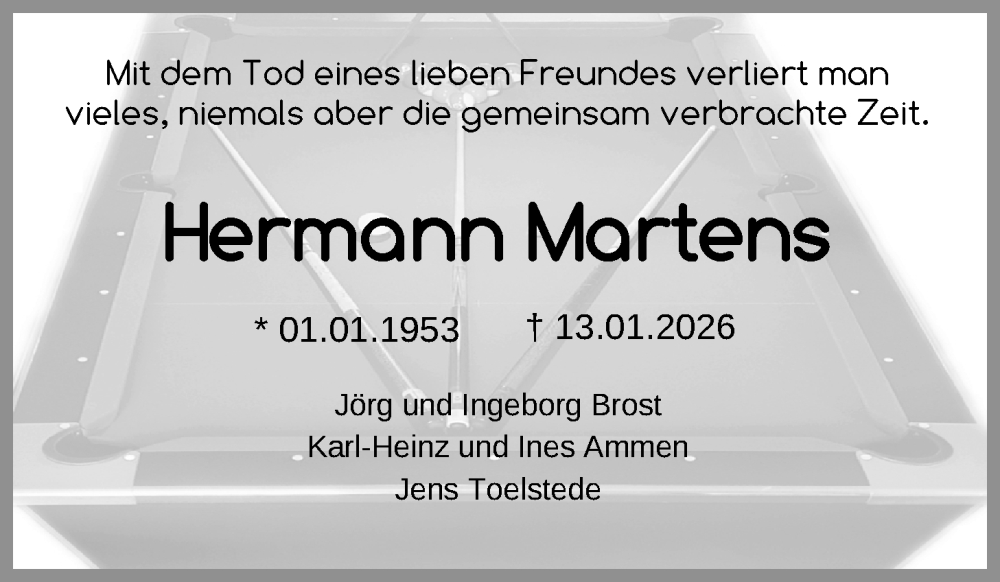  Traueranzeige für Hermann Martens vom 24.01.2026 aus WZ/JW/AH