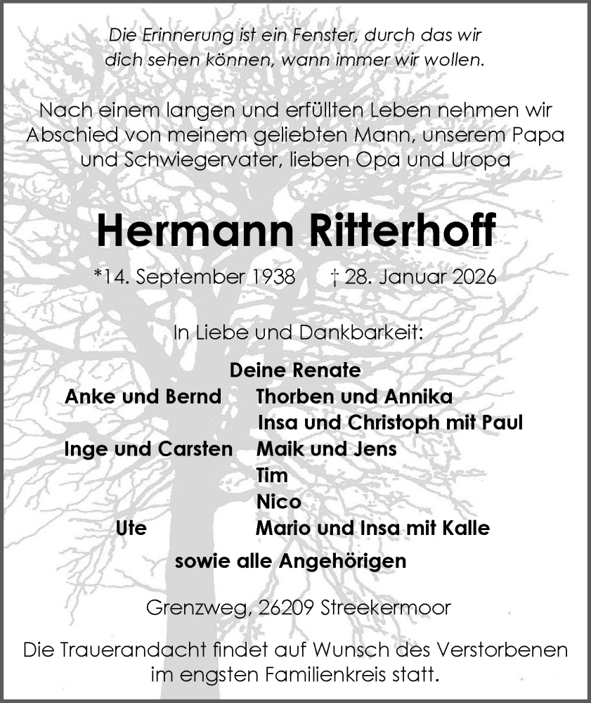  Traueranzeige für Hermann Ritterhoff vom 31.01.2026 aus Nordwest-Zeitung
