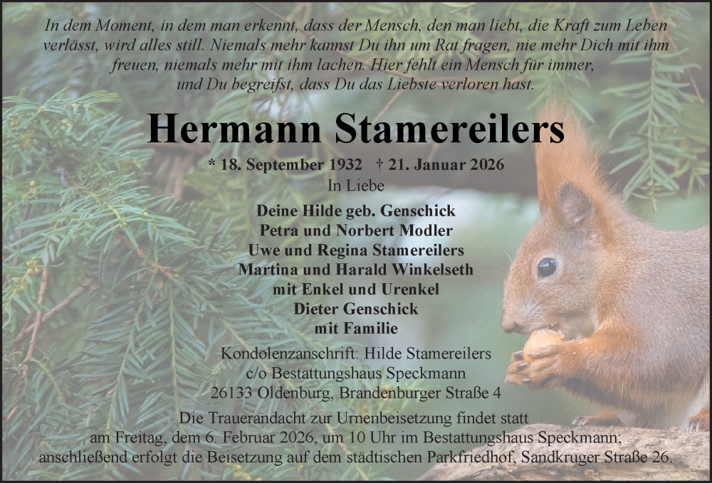  Traueranzeige für Hermann Stamereilers vom 31.01.2026 aus Nordwest-Zeitung