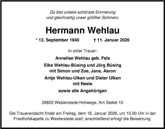 Traueranzeige von Hermann Wehlau von Nordwest-Zeitung