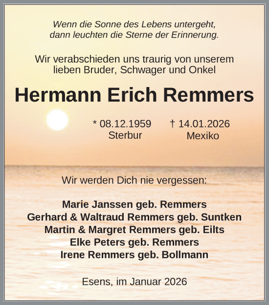 Traueranzeige von Hermann Erich Remmers von WZ/JW/AH