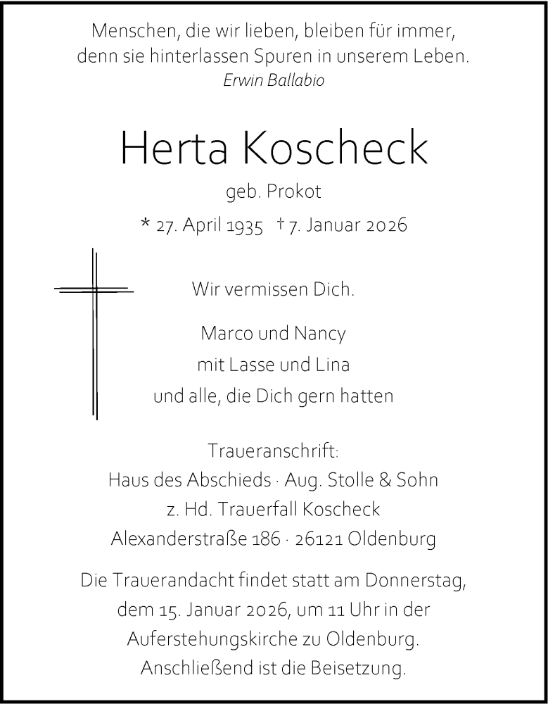  Traueranzeige für Herta Koscheck vom 10.01.2026 aus Nordwest-Zeitung
