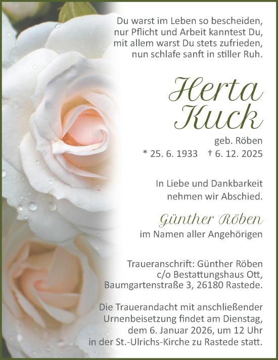 Traueranzeige von Herta Kuck von Nordwest-Zeitung
