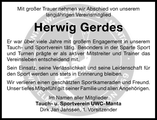 Traueranzeige von Herwig Gerdes von WZ/JW/AH