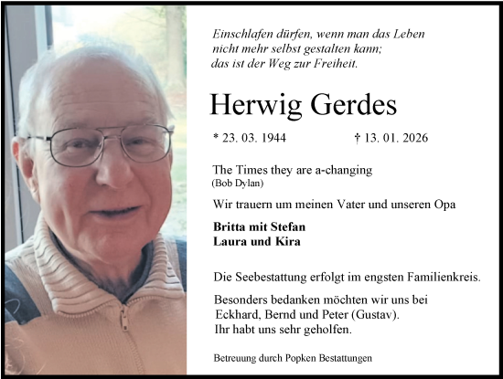 Traueranzeige von Herwig Gerdes von WZ/JW/AH