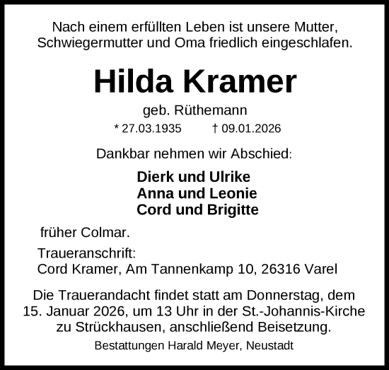 Traueranzeige von Hilda Kramer von Nordwest-Zeitung