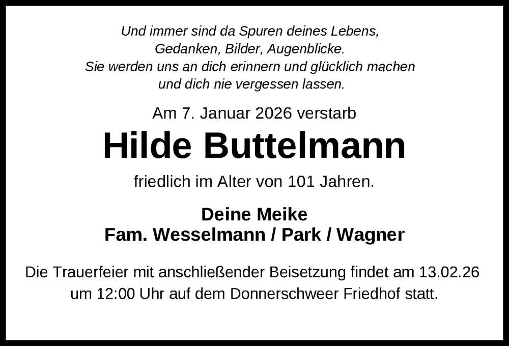  Traueranzeige für Hilde Buttelmann vom 17.01.2026 aus Nordwest-Zeitung