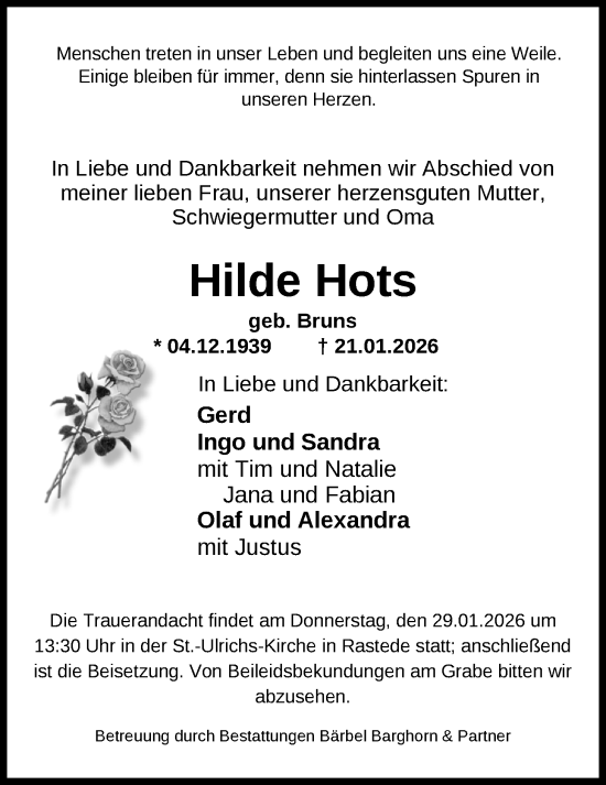 Traueranzeige von Hilde Hots von Nordwest-Zeitung