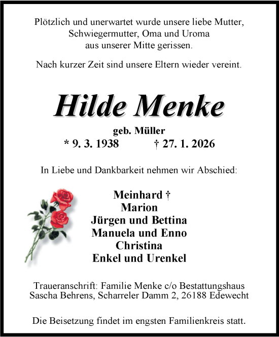 Traueranzeige von Hilde Menke von Nordwest-Zeitung