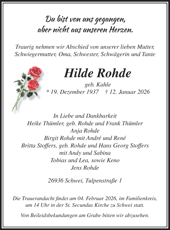 Traueranzeige von Hilde Rohde von Nordwest-Zeitung