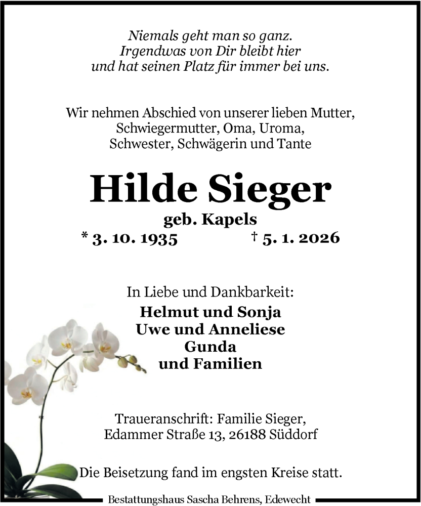  Traueranzeige für Hilde Sieger vom 24.01.2026 aus Nordwest-Zeitung