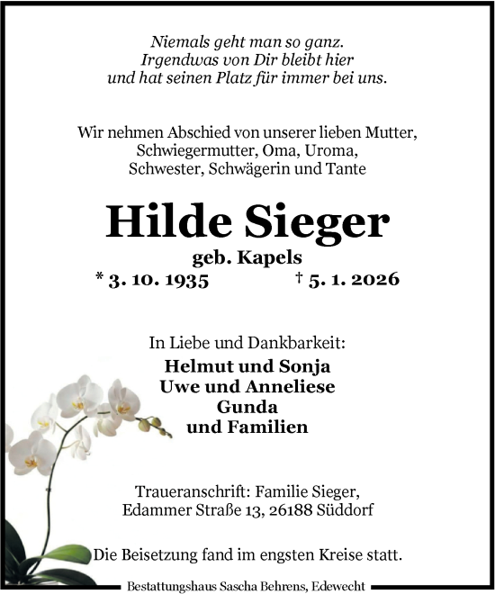 Traueranzeige von Hilde Sieger von Nordwest-Zeitung