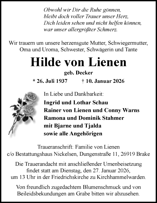 Traueranzeige von Hilde von Lienen von Nordwest-Zeitung
