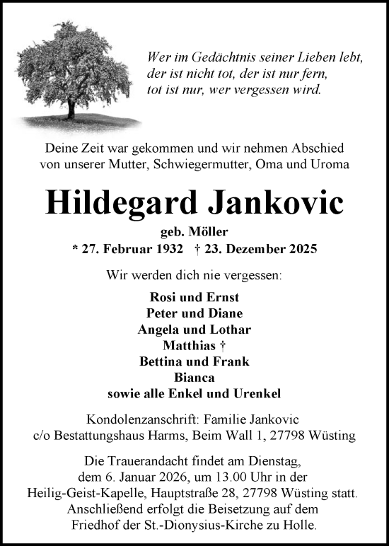 Traueranzeige von Hildegard Jankovic von Nordwest-Zeitung