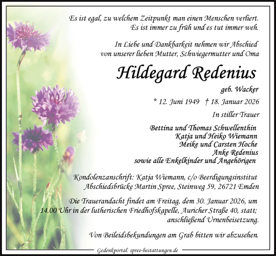 Traueranzeige von Hildegard Redenius von Emder Zeitung