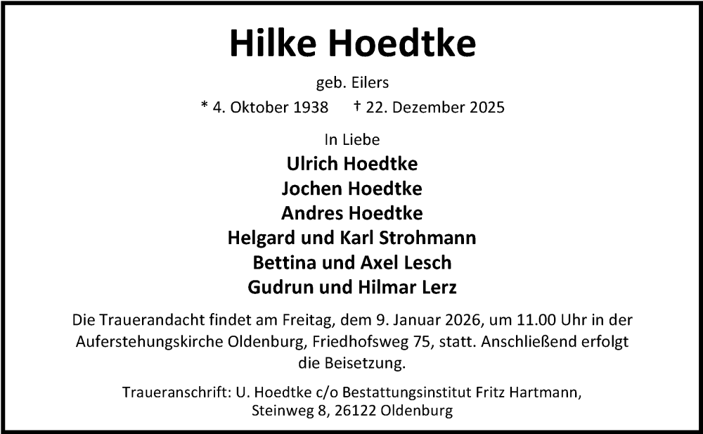  Traueranzeige für Hilke Hoedtke vom 03.01.2026 aus Nordwest-Zeitung