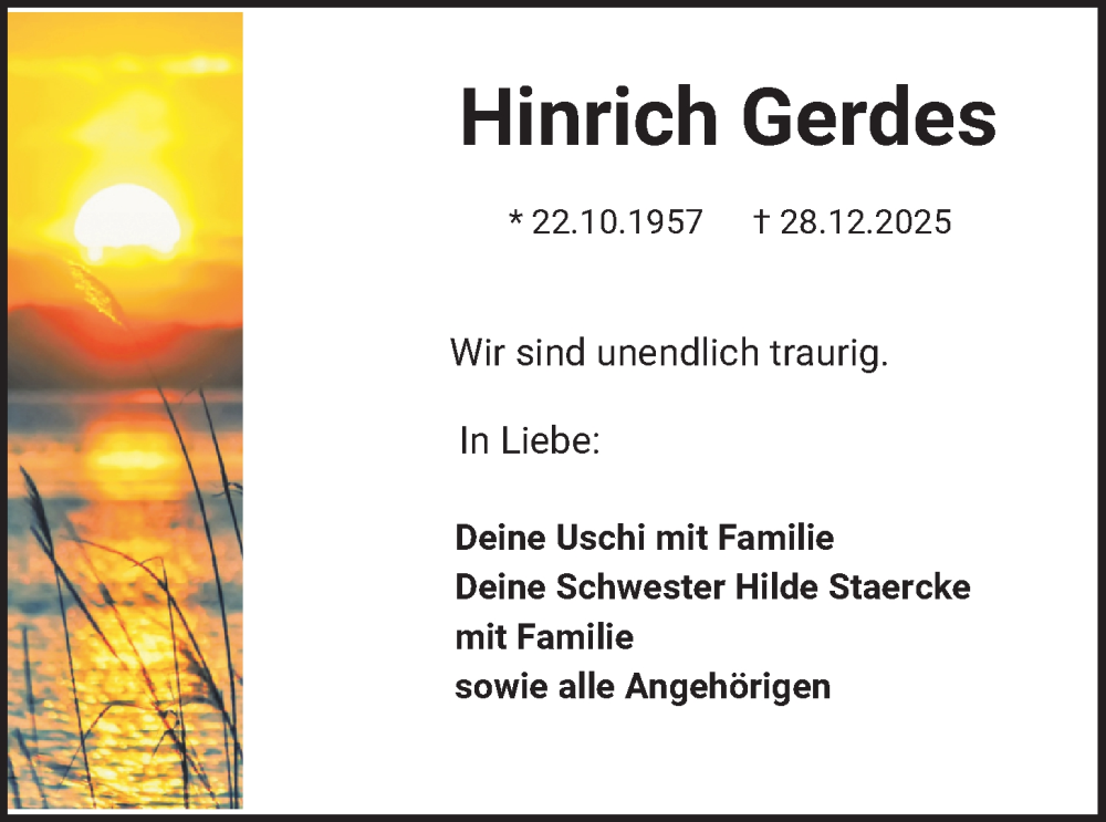  Traueranzeige für Hinrich Gerdes vom 03.01.2026 aus WZ/JW/AH