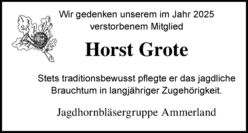  Traueranzeige für Horst Grote vom 24.01.2026 aus Nordwest-Zeitung