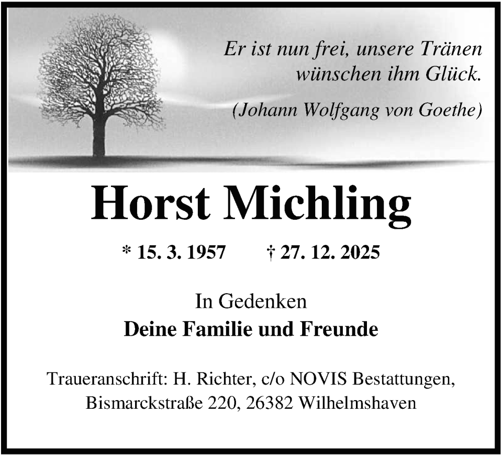  Traueranzeige für Horst Michling vom 10.01.2026 aus WZ/JW/AH