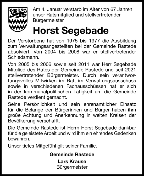 Traueranzeige von Horst Segebade von Nordwest-Zeitung