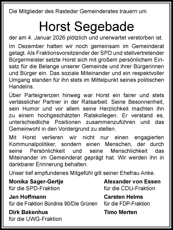 Traueranzeige von Horst Segebade von Nordwest-Zeitung