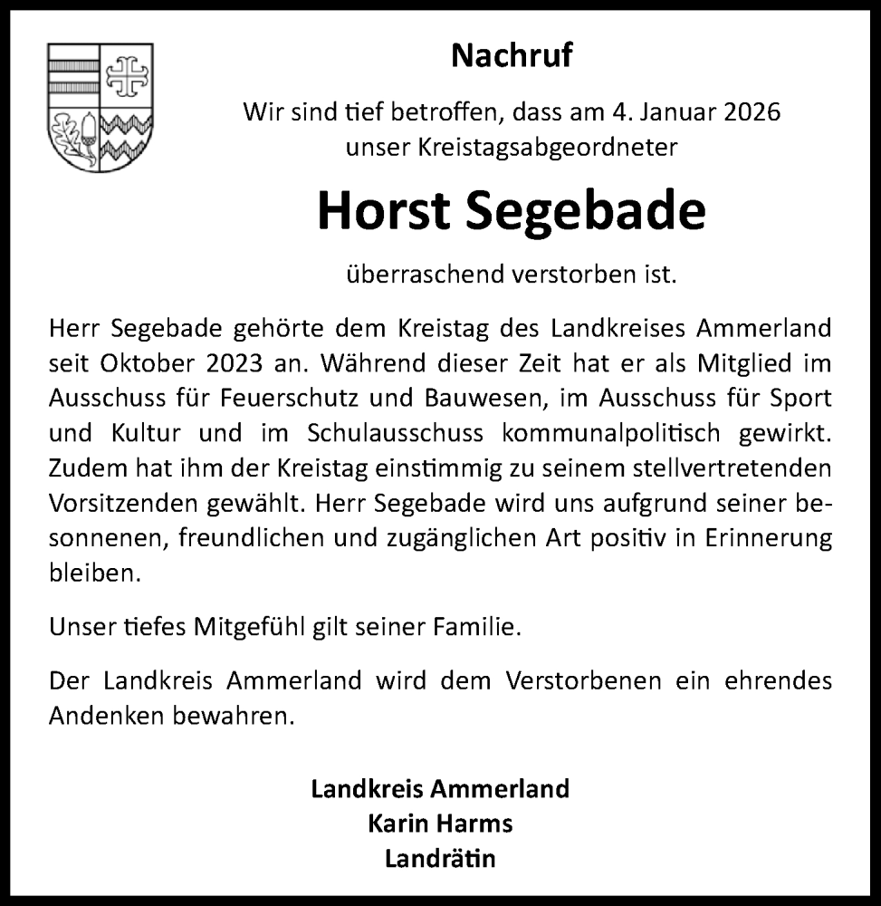  Traueranzeige für Horst Segebade vom 07.01.2026 aus Nordwest-Zeitung