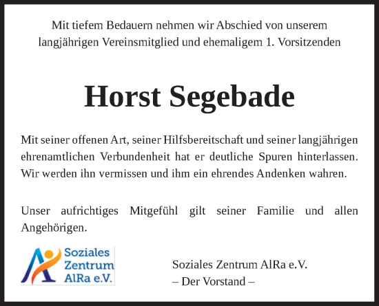 Traueranzeige von Horst Segebade von Nordwest-Zeitung