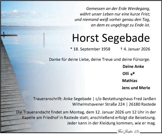 Traueranzeige von Horst Segebade von Nordwest-Zeitung