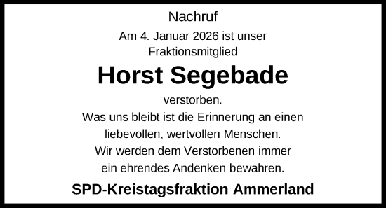 Traueranzeige von Horst Segebade von Nordwest-Zeitung