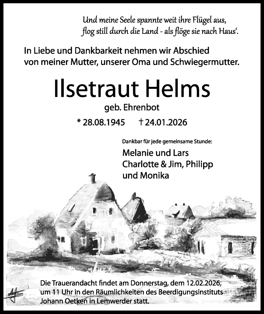  Traueranzeige für Ilsetraut Helms vom 31.01.2026 aus Nordwest-Zeitung