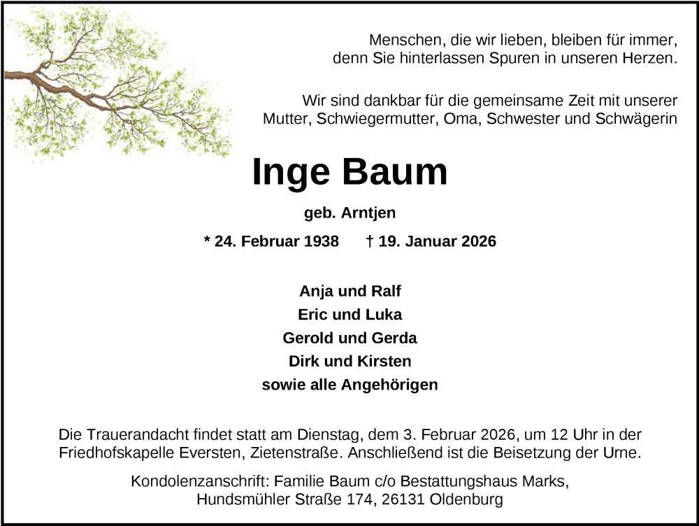  Traueranzeige für Inge Baum vom 24.01.2026 aus Nordwest-Zeitung