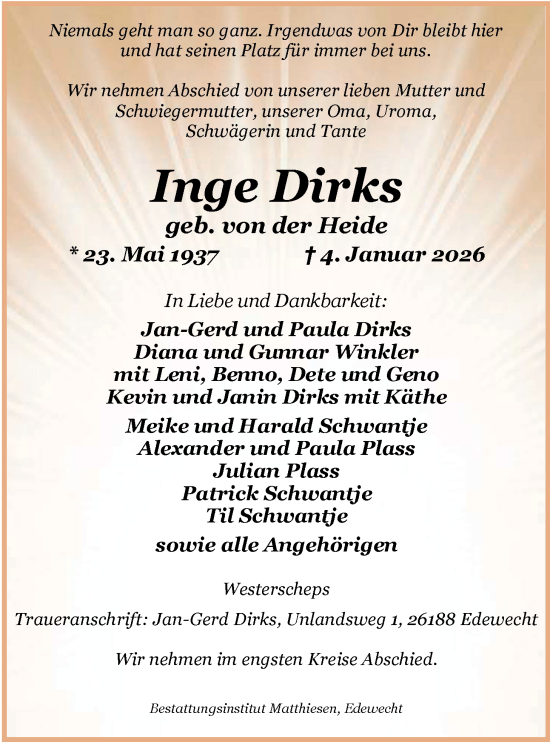 Traueranzeige von Inge Dirks von Nordwest-Zeitung
