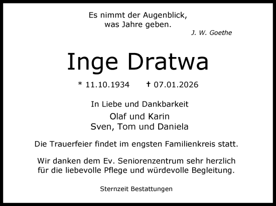 Traueranzeige von Inge Dratwa von WZ/JW/AH