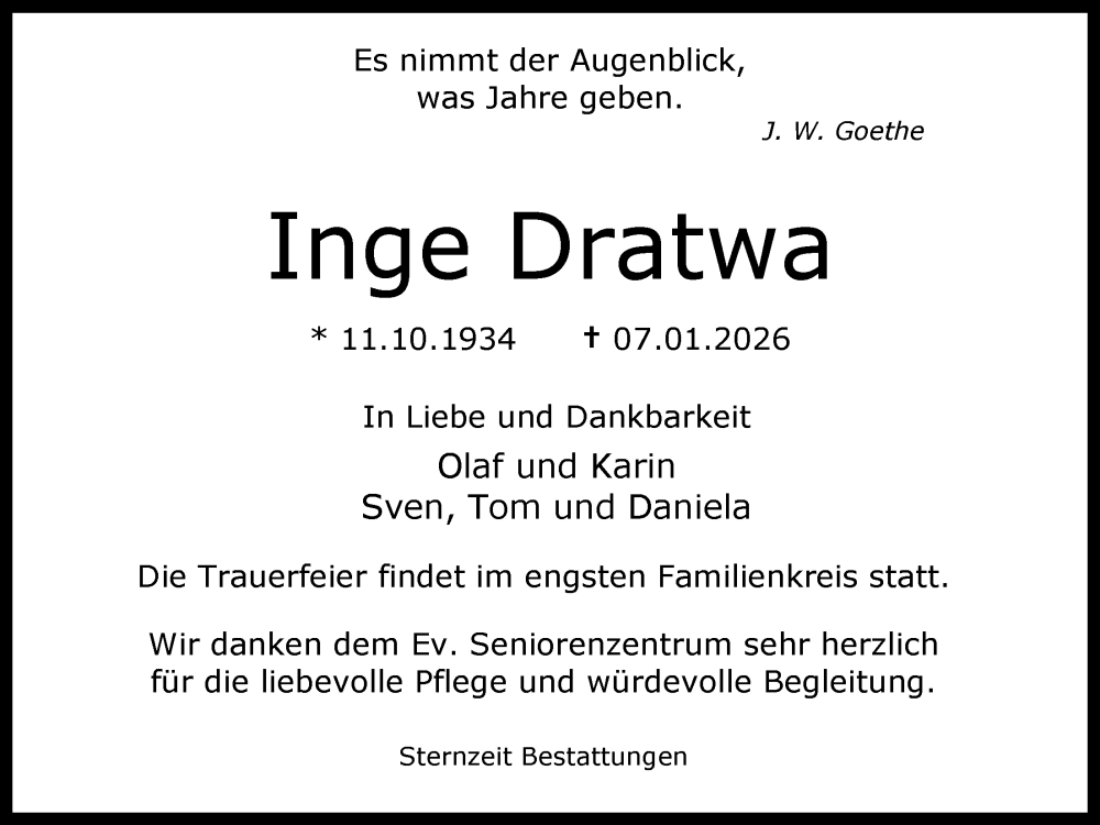  Traueranzeige für Inge Dratwa vom 10.01.2026 aus WZ/JW/AH