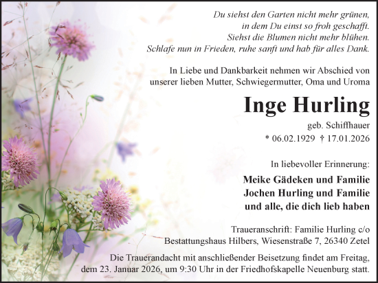 Traueranzeige von Inge Hurling von Nordwest-Zeitung