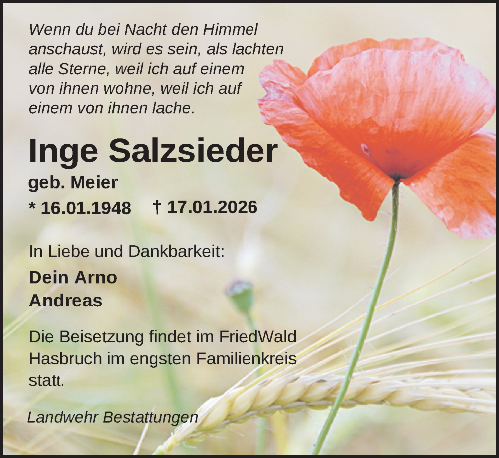  Traueranzeige für Inge Salzsieder vom 23.01.2026 aus Nordwest-Zeitung