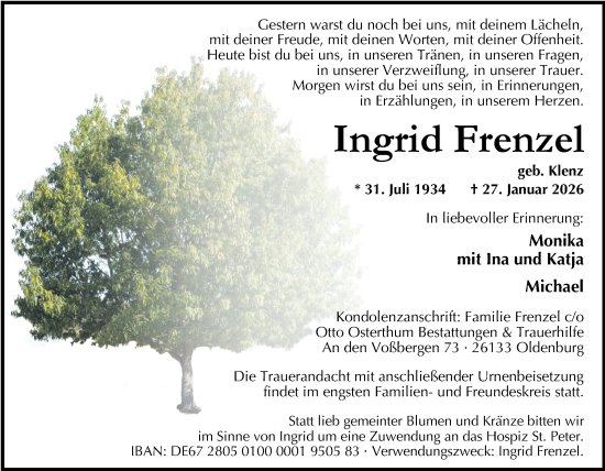 Traueranzeige von Ingrid Frenzel von Nordwest-Zeitung