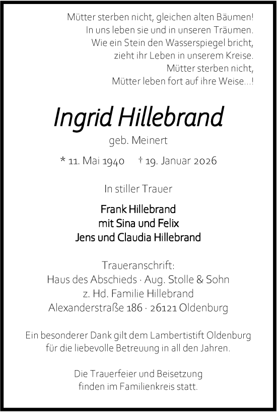 Traueranzeige von Ingrid Hillebrand von Nordwest-Zeitung