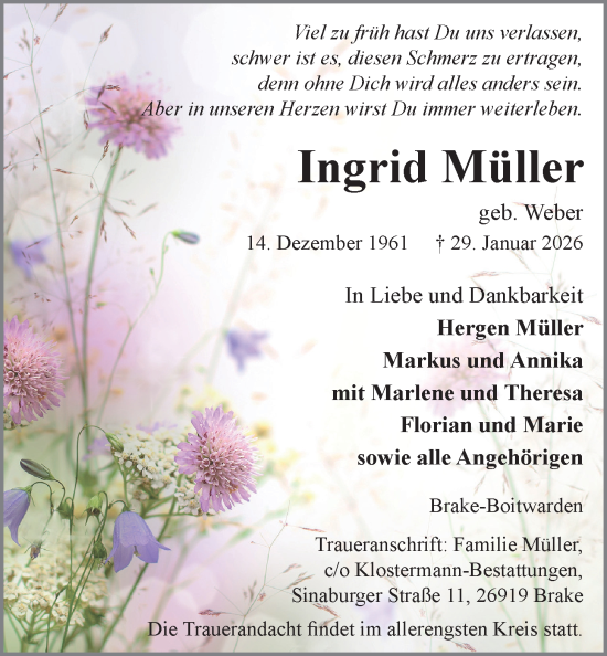 Traueranzeige von Ingrid Müller von Nordwest-Zeitung