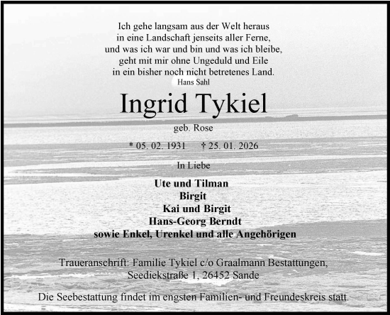 Traueranzeige von Ingrid Tykiel von WZ/JW/AH