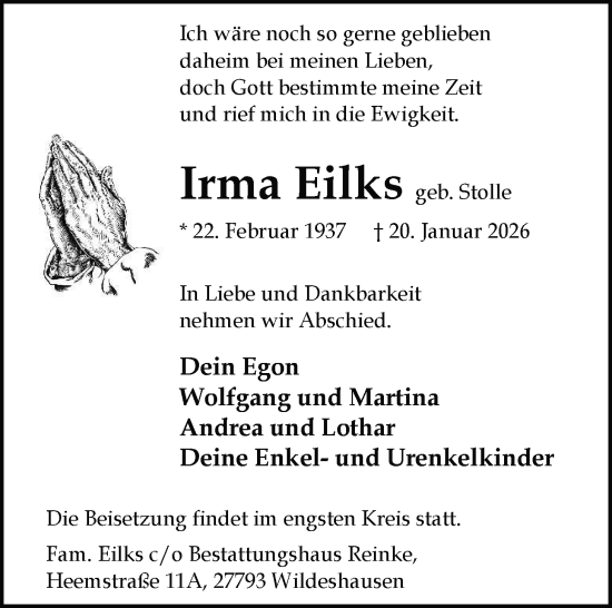Traueranzeige von Irma Eilks von Nordwest-Zeitung